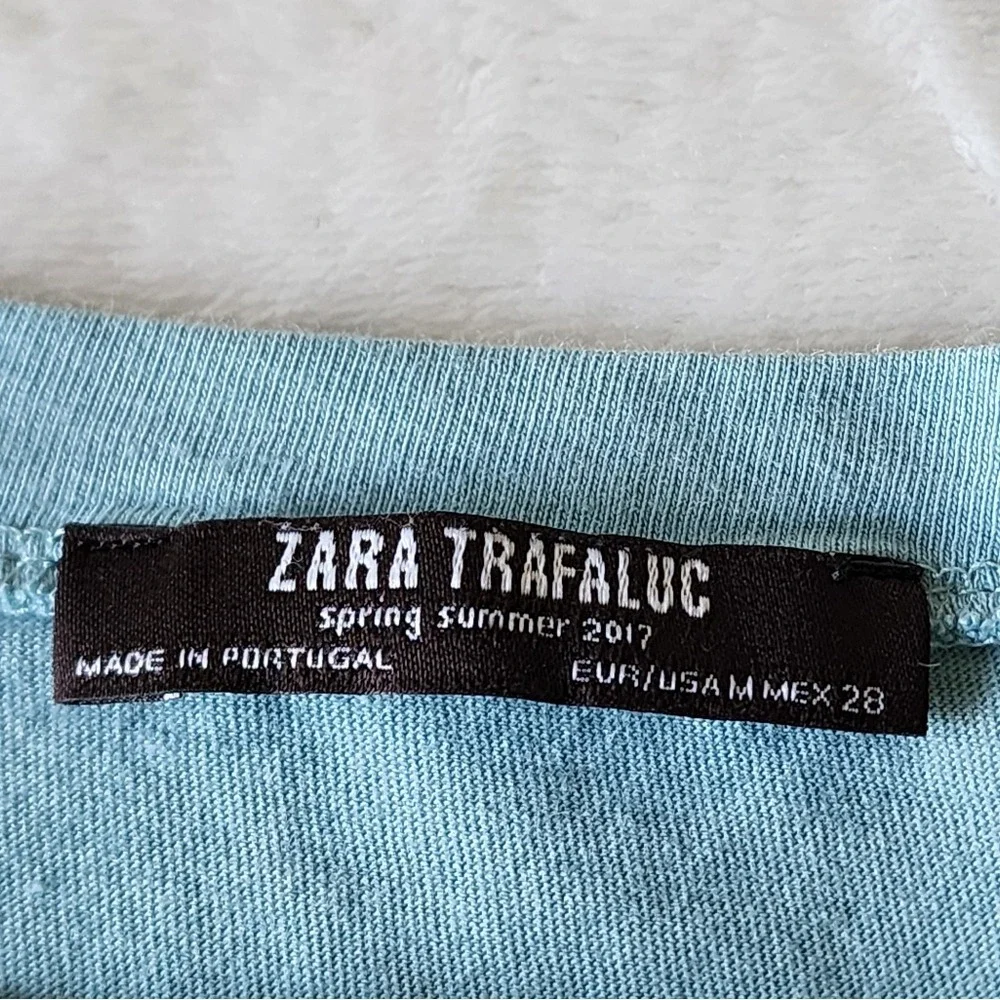 Zara Trafaluc High Low Ruffle Back Tee Womens M Blue Oversized Prairie Shirt Top - Picture 6 of 10